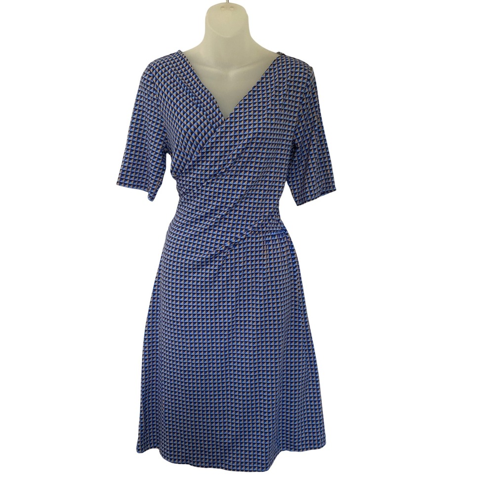 Talbots Retro Faux Wrap Geometric Print Dress Women M Blue Stretch Travel Career